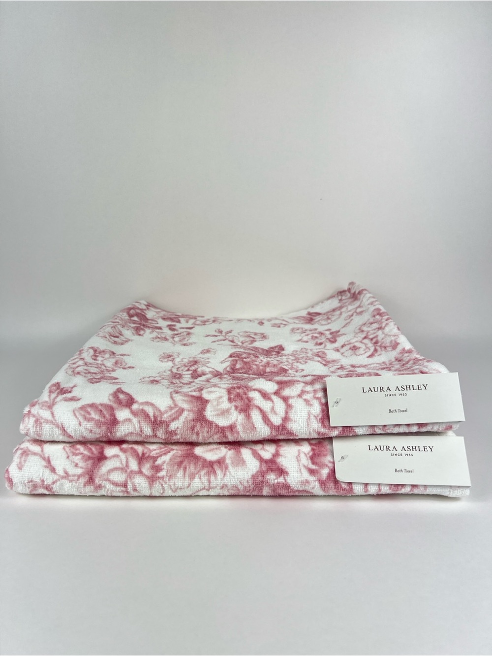 Laura Ashley Bath Towels Pink White Toile Floral Soft Velour Cotton 2 Pc Set NEW